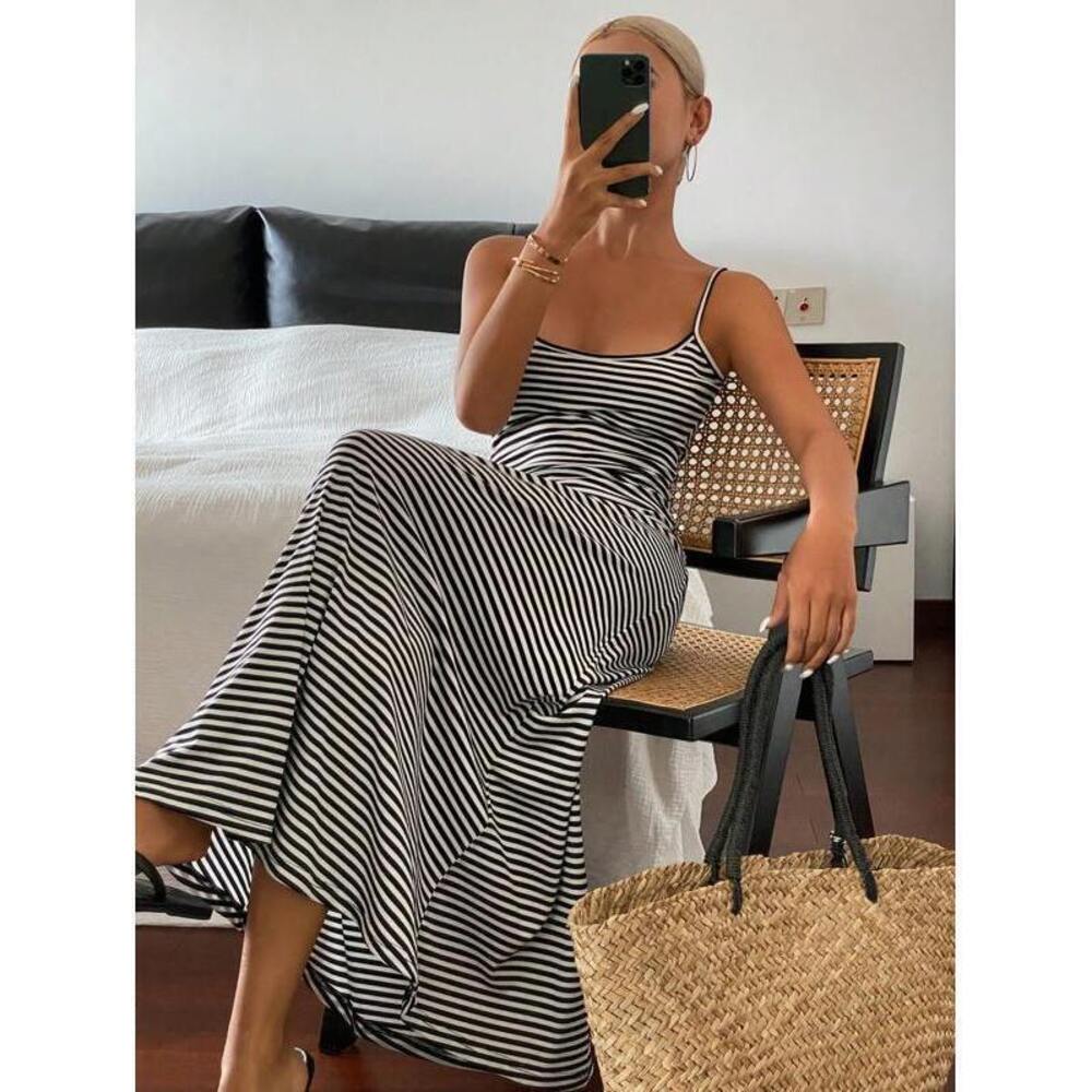 Striped Black & White Maxi Dress with Spaghetti Straps